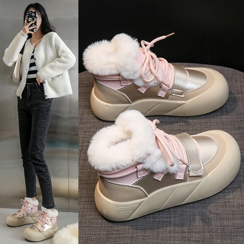 加绒加厚网红雪地靴女2023冬季新款高帮松糕厚底皮毛一体保暖棉鞋