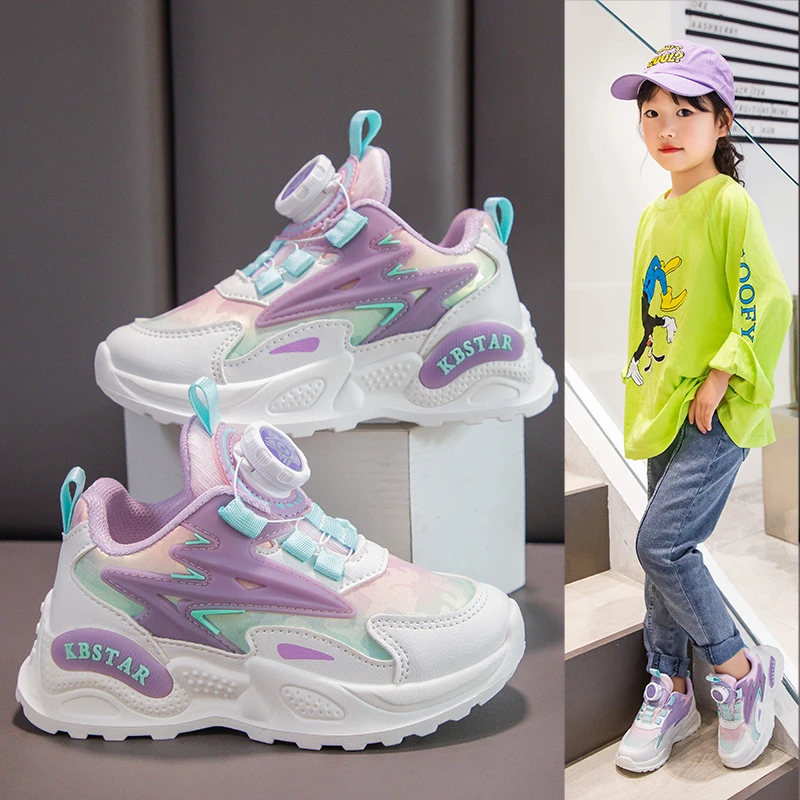 旋转扣女童运动鞋皮面防水秋季2025新款儿童鞋子软底小女孩跑步鞋