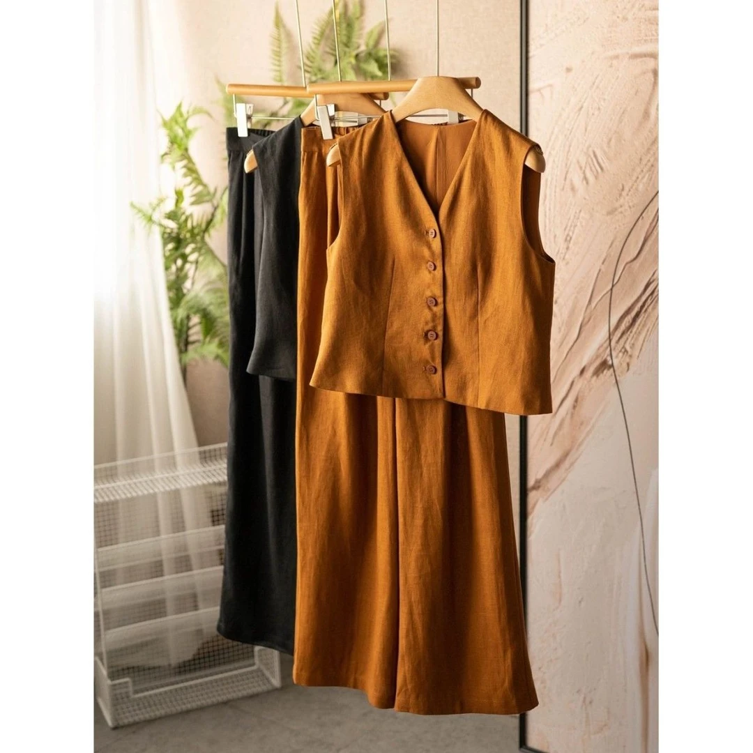 大工厂出!天然亚麻西装短马甲+休闲阔腿裤套装女