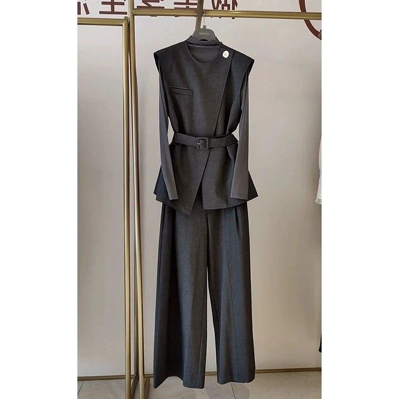 秋季穿搭一整套轻奢高级感女人味又a又飒灰色不规则马甲套装裤女