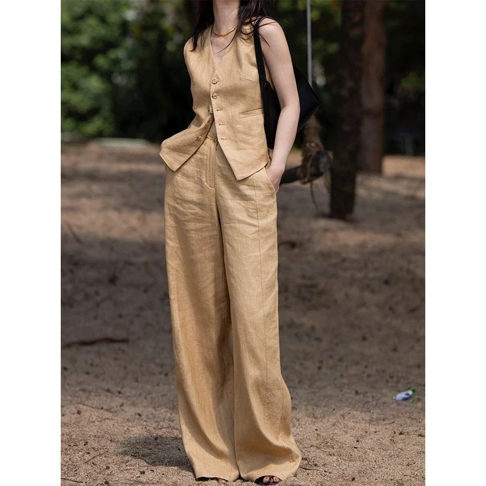 夏装搭配一整套洋气时尚时髦气质高级感小香风亚麻马甲裤子套装女