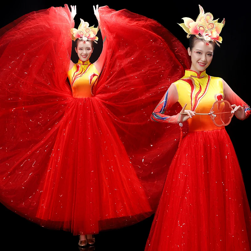 大型开场舞大摆裙舞蹈服广场舞连衣裙我和我的祖国伴舞演出服长裙
