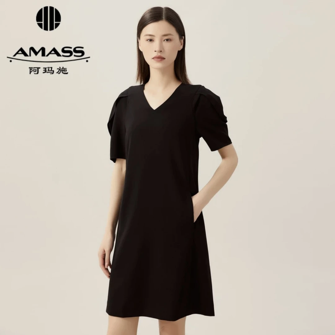 阿玛施AMASS新款女装显瘦经典通勤V领宫廷袖收身连衣裙5500550