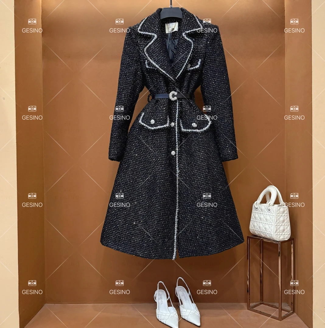 【悠】秋冬气质小香风时尚设计师中长款外套轻奢黑色收腰QD-2025019