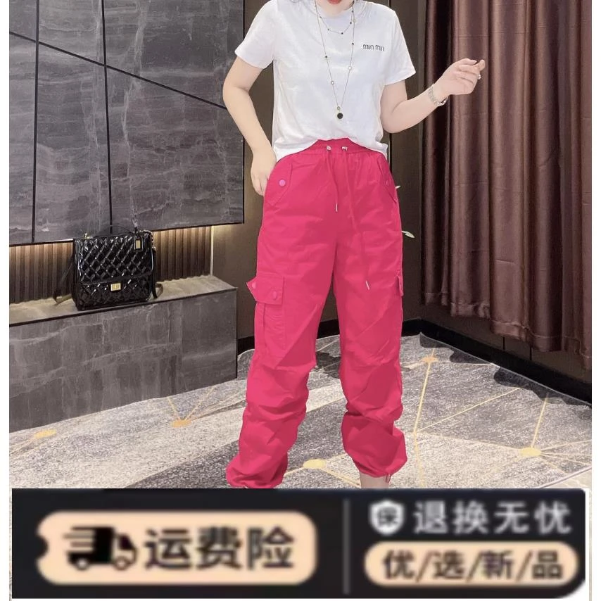 美式高腰工装裤女款2024新款抽绳宽松阔腿裤运动直筒裤休闲束脚裤