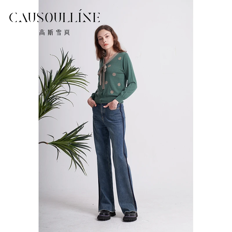 高斯雪岚【春装新品】V领长袖针织衫百搭蝴蝶结套头毛衣24113203