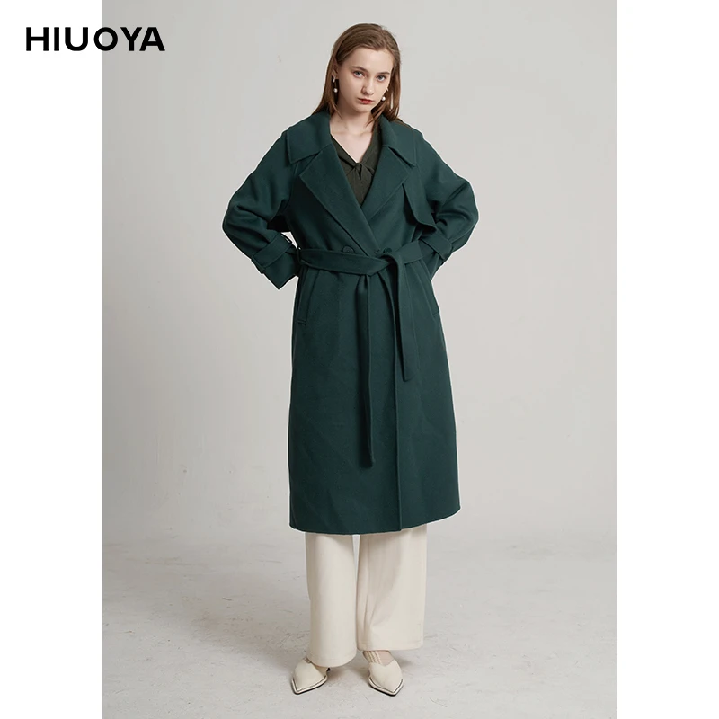 HIUOYA【冬季特惠】复古收腰系大衣带翻领毛呢外套23471307