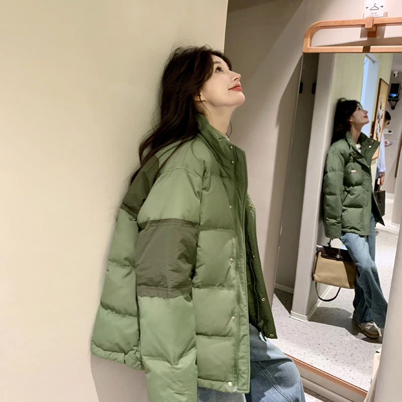 绿色短款90白鸭绒羽绒服韩系ins潮宽松加厚立领小个子面包服外套