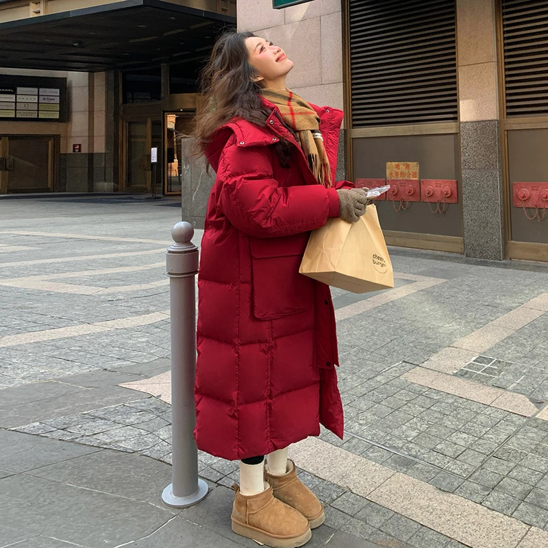 高级感炸街中长款中戏红色羽绒服女冬季新款加厚保暖90羽绒服女款