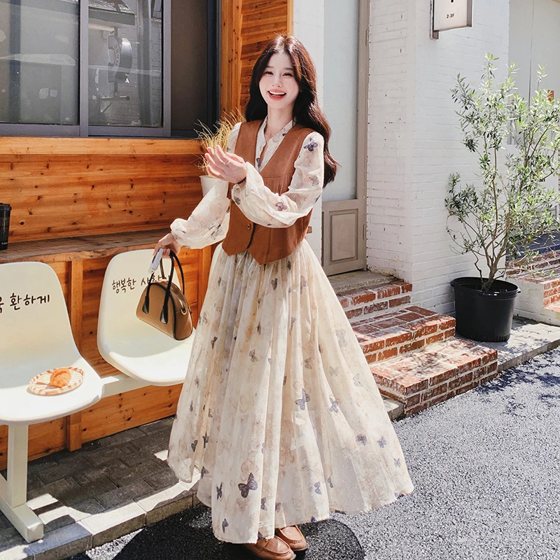 法式浪漫温柔长袖碎花连衣裙女秋流苏财阀千金马甲显瘦长裙套装