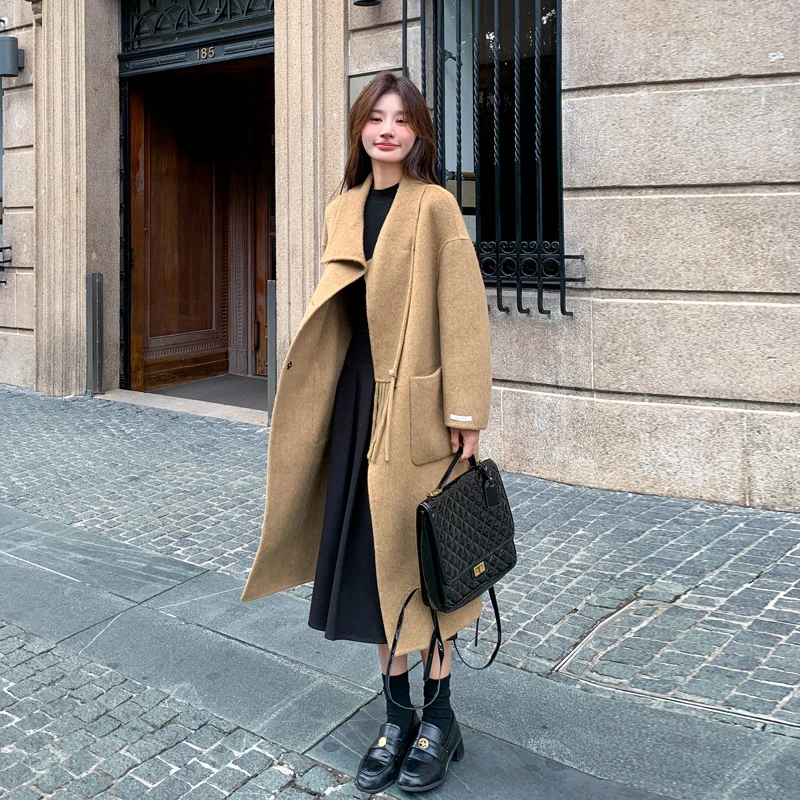 设计感围巾双面羊毛大衣女中长款2024冬新款气质温柔过膝呢子外套