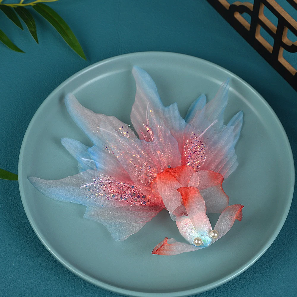 24新品汉服配饰烫花锦鲤古风敦煌色烫花锦鲤红蓝色小金鱼烫花发夹