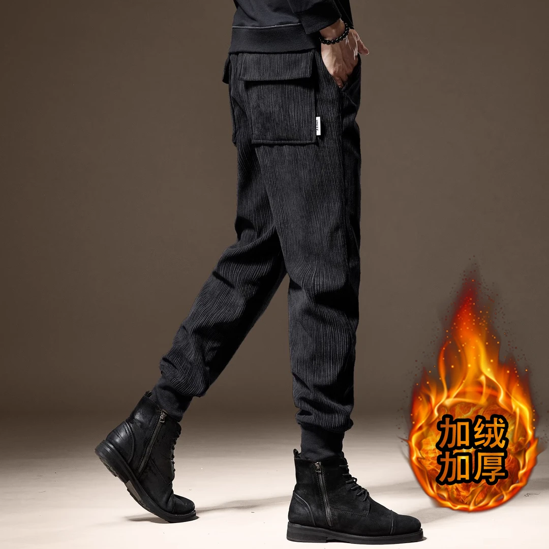 高端重磅竖条纹灯芯绒休闲裤男春季加绒黑色宽松卫裤哈伦束脚裤男