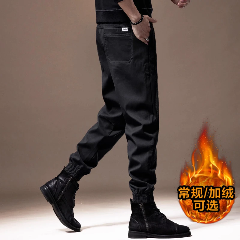 美式高端黑色重磅工装裤子男2023春季加绒宽松束脚潮牌休闲长裤男