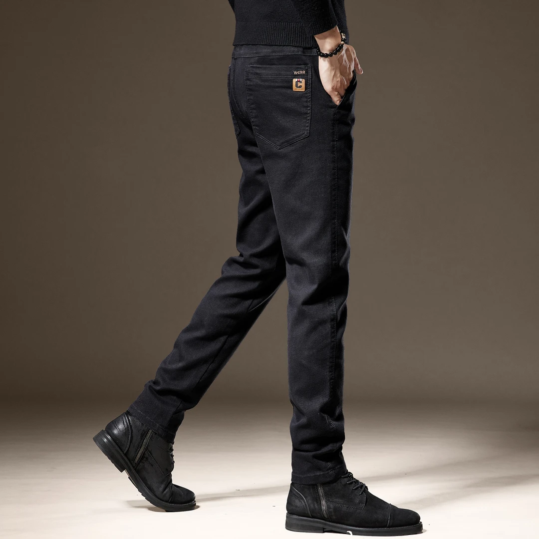 2023秋冬加绒韩版男士休闲裤修身直筒西裤弹力百搭黑色商务裤子男