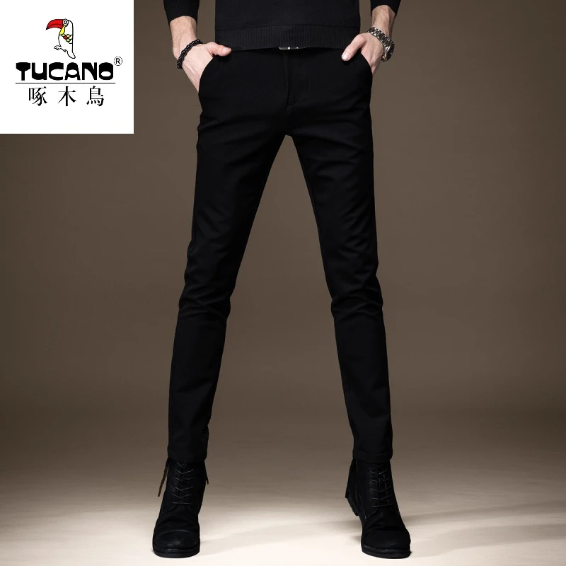 啄木鸟秋冬新款纯黑色牛仔裤子男高端弹力时尚百搭修身小脚长裤