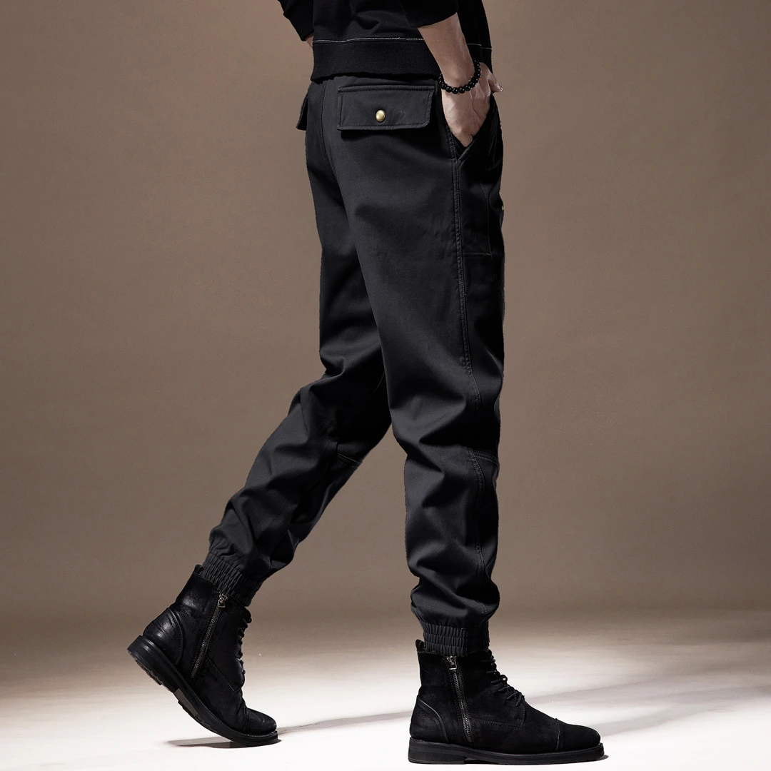 高端重磅黑色工装裤男春季加绒宽松大码直筒束脚美式复古休闲裤男