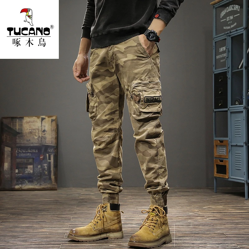 秋冬美式潮牌男士复古迷彩军旅显瘦束脚修身多口袋纯棉工装休闲裤