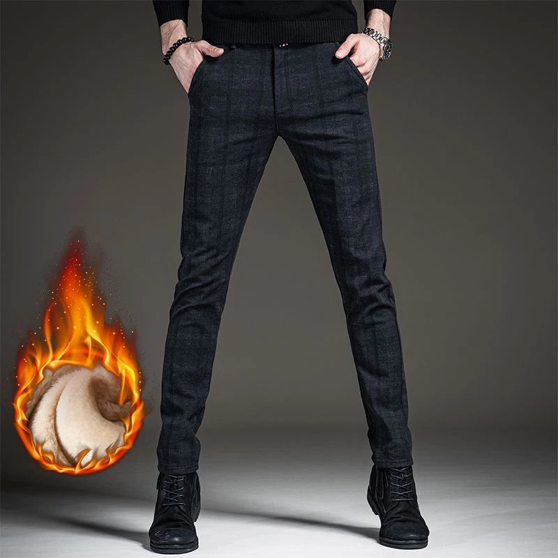 加绒加厚高端春季季休闲裤男士修身小脚商务格子西裤男韩版长裤子