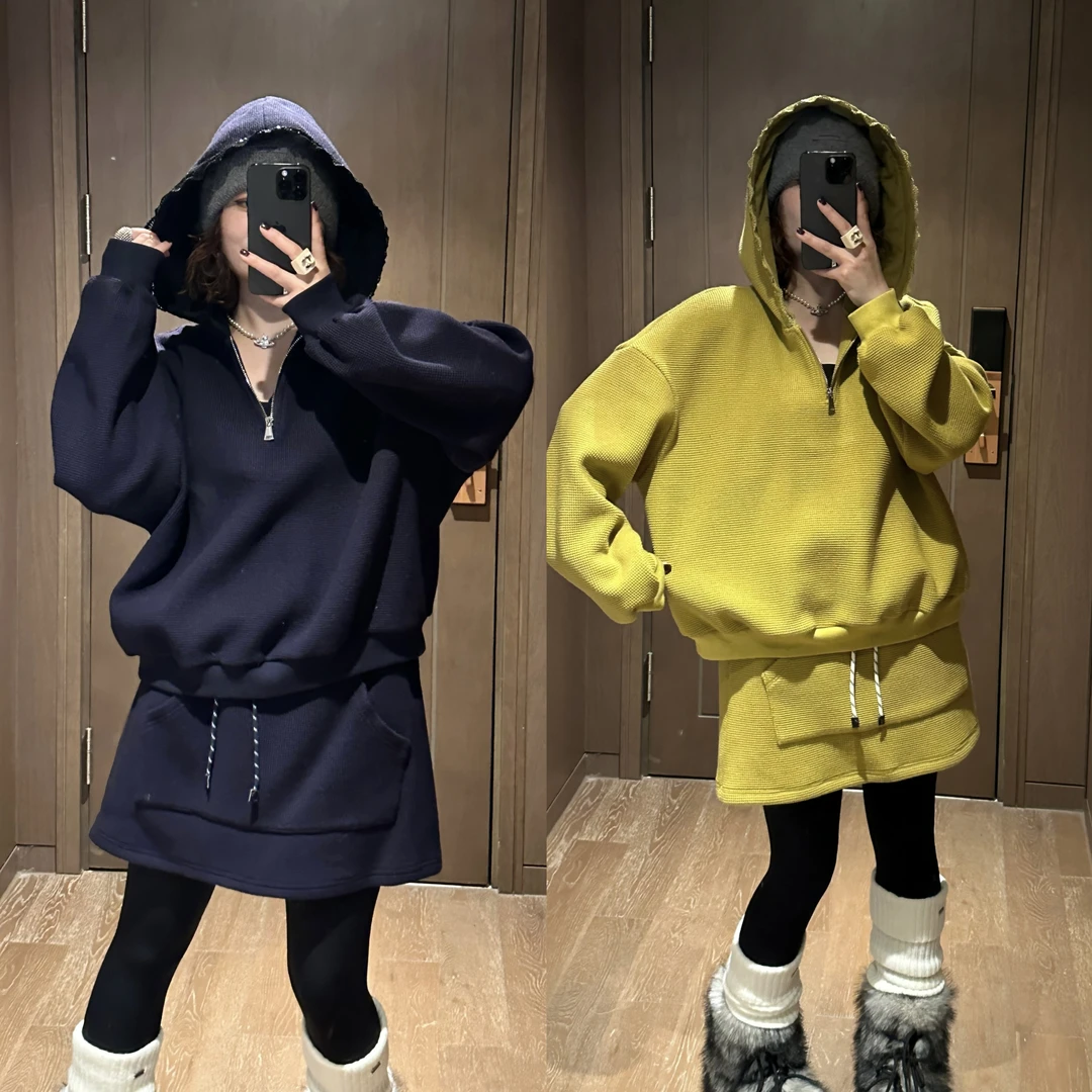 YDFSTUDIO小众【穿搭自由】欧货高品连帽设计套头加绒卫衣+裙裤套装