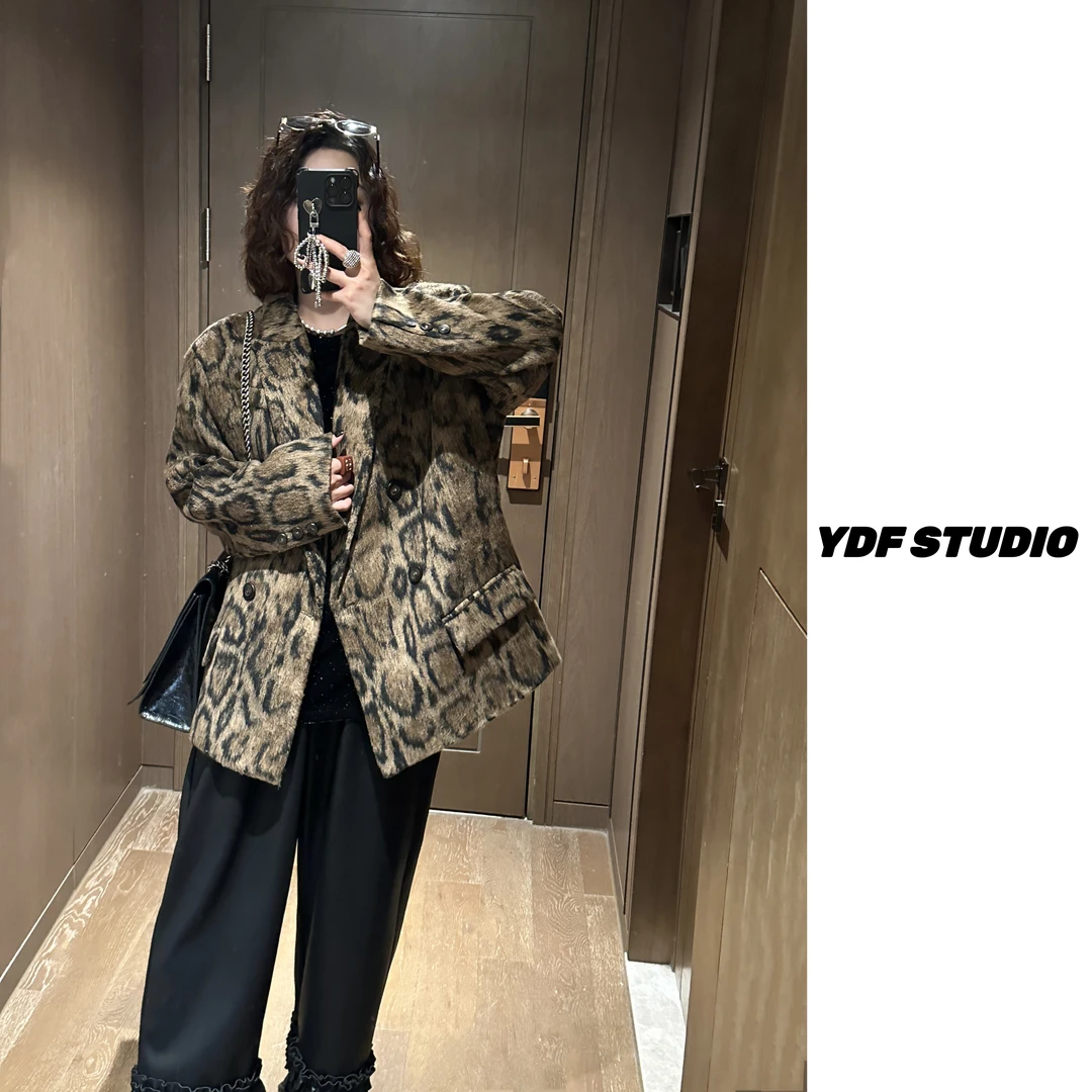 YDFSTUDIO小众【欧美风】欧货高品大牌既视感时尚宽松毛呢豹纹西装