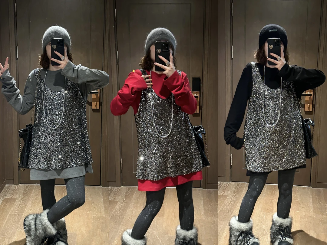 YDFSTUDIO小众【银河星灿】高定亮片背心假两件设计时尚百搭显瘦T裙