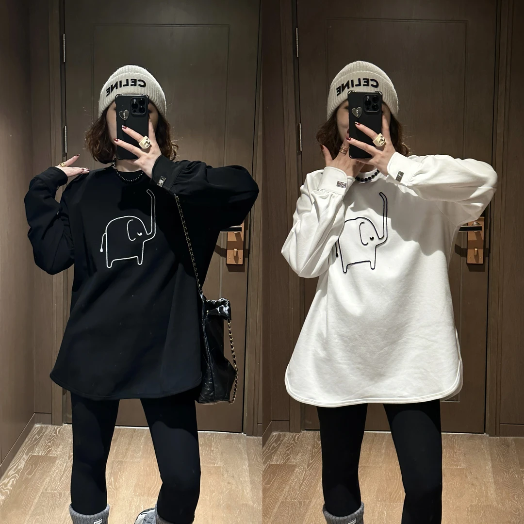 YDFSTUDIO小众【可爱小象】欧货高品牙刷绣立体小象设计磨毛打底T恤