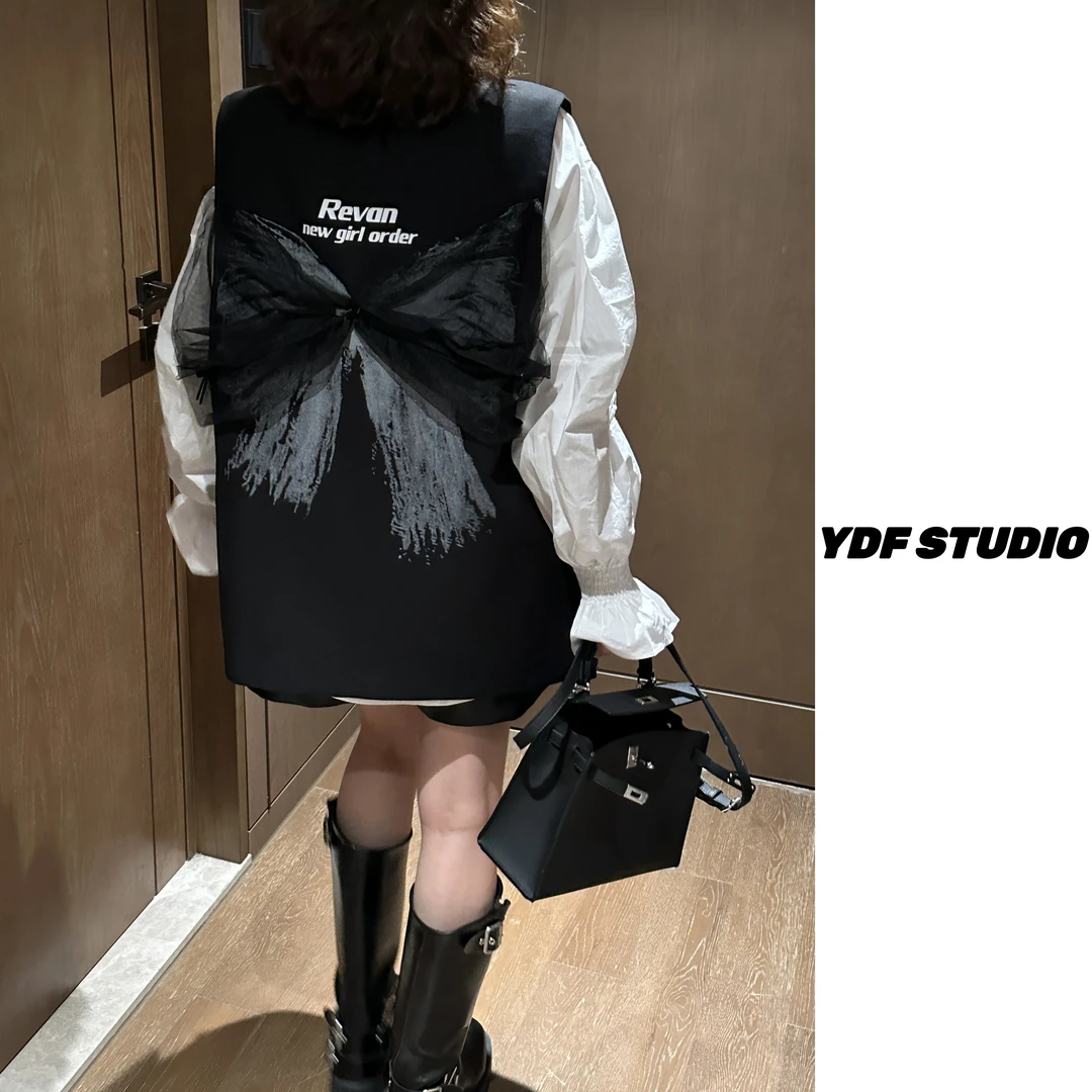 YDFSTUDIO小众【戛纳超模】早秋重工后背蝴蝶结设计欧货小西装马夹