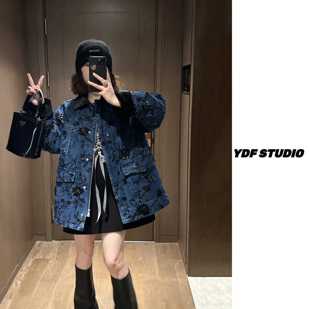 YDFSTUDIO小众【波光粼粼】欧货重工亮片花朵刺绣设计牛仔羽绒服