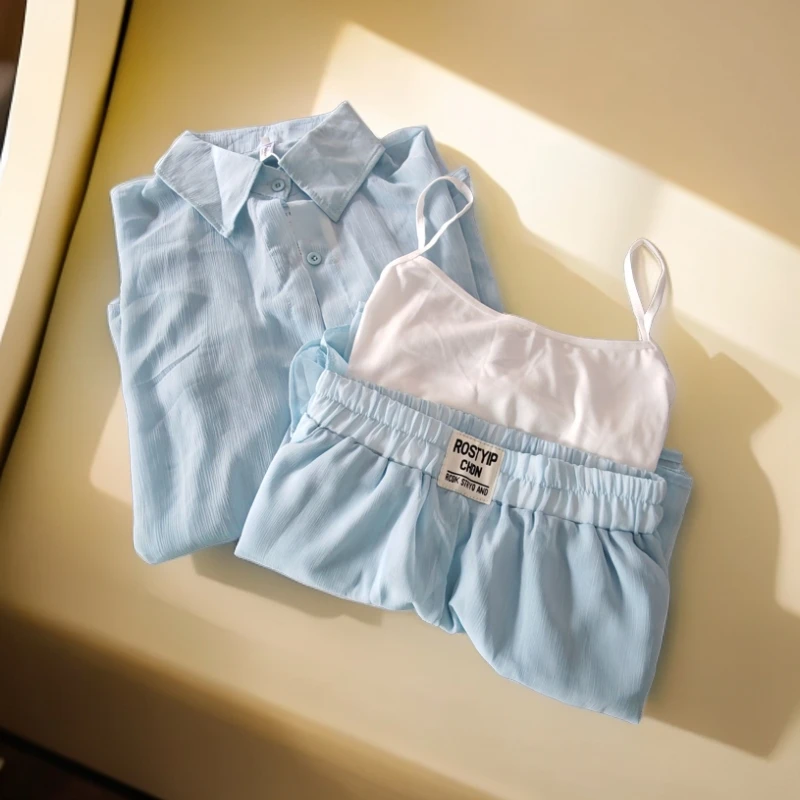 尤莱特穿搭长袖防晒衫夏季休闲小香风显瘦薄款大码衬衫短裤三件套