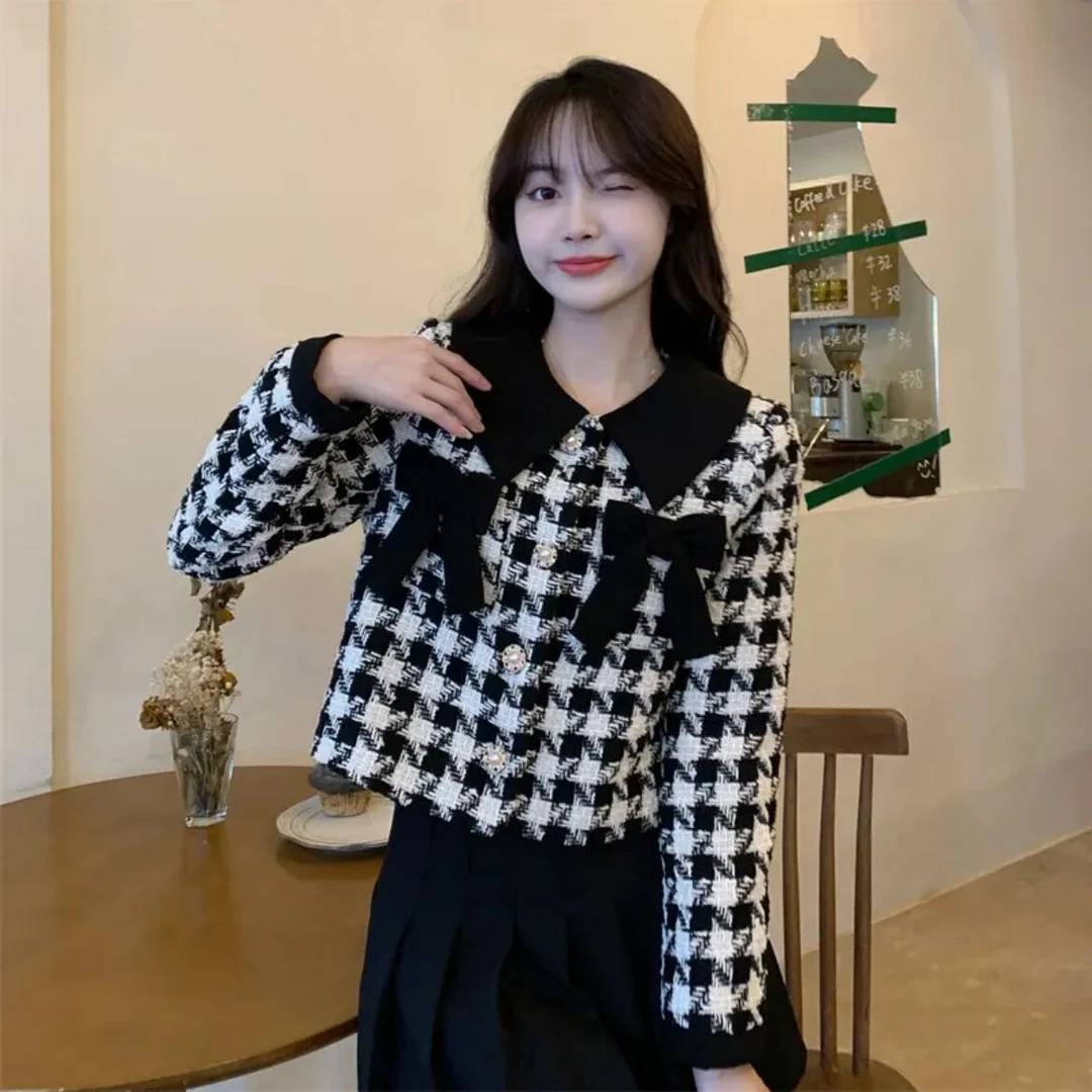 【现货】加棉高级小香风短外套女秋冬新款气质娃娃领蝴蝶结短款上衣