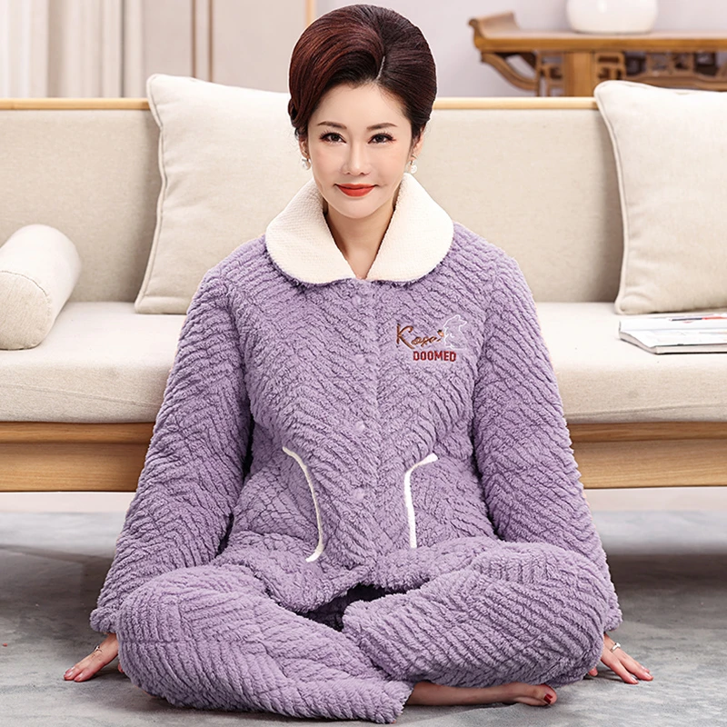 中老年妈妈款睡衣女秋冬季珊瑚绒加绒加厚三层夹棉保暖家居服套装
