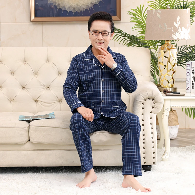 男士睡衣男夏季春秋款纯棉全棉长袖中老年人爸爸加大码家居服套装
