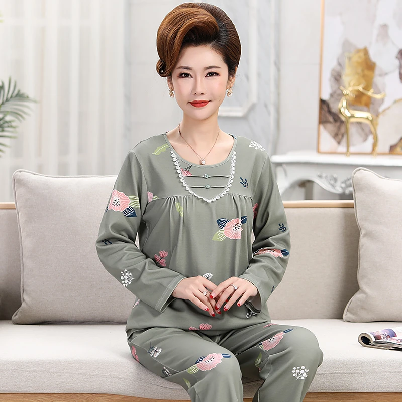 中年妈妈睡衣女纯棉长袖春秋中老年人女秋老人婆婆家居服秋季新款
