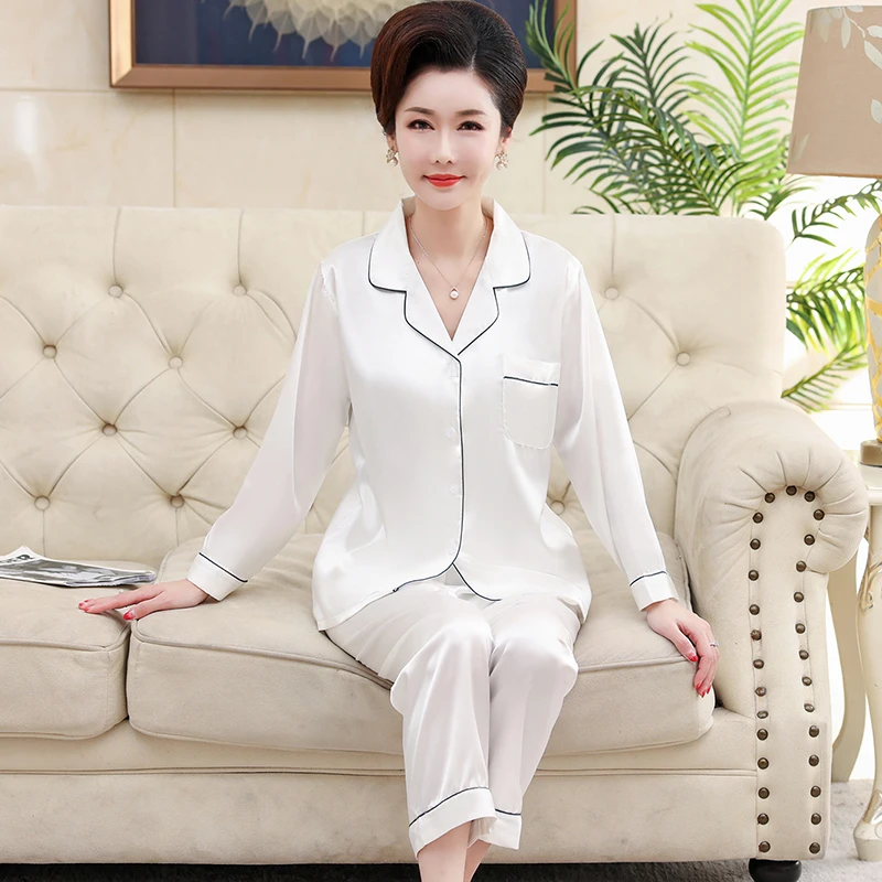 冰丝睡衣女长袖春秋季中老年妈妈仿真丝绸薄款大码家居服套装秋天