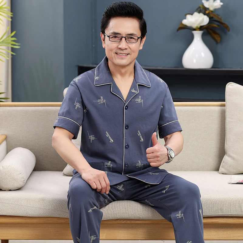 爸爸夏季睡衣男士夏款短袖纯棉薄款夏天长裤老年人男款家居服套装