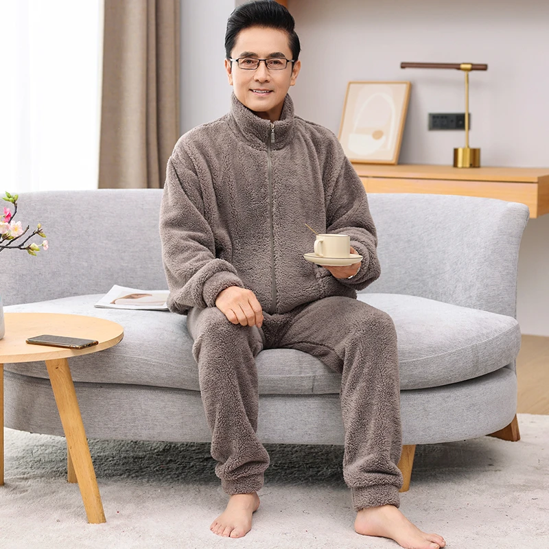 珊瑚绒睡衣男冬季法兰绒爸爸男款加厚保暖秋冬款中老年家居服套装