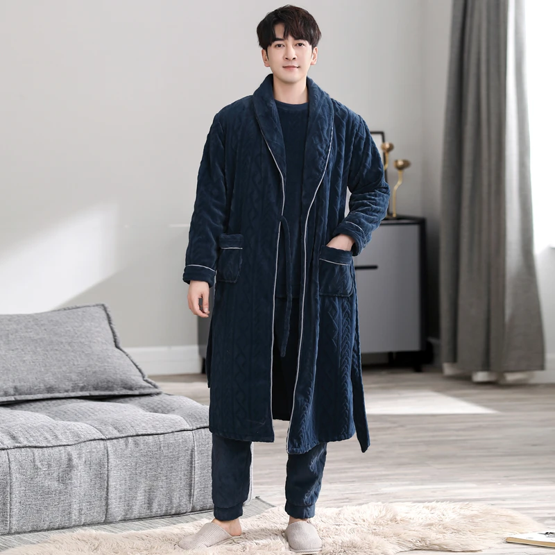 睡衣男款秋冬天珊瑚绒加厚保暖睡袍加肥大码三件套男士冬季家居服