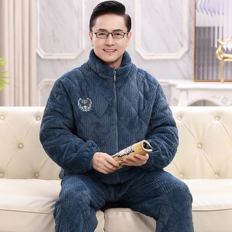 冬季珊瑚绒睡衣男中老年人爸爸三层夹棉加绒加厚法兰绒保暖居家服