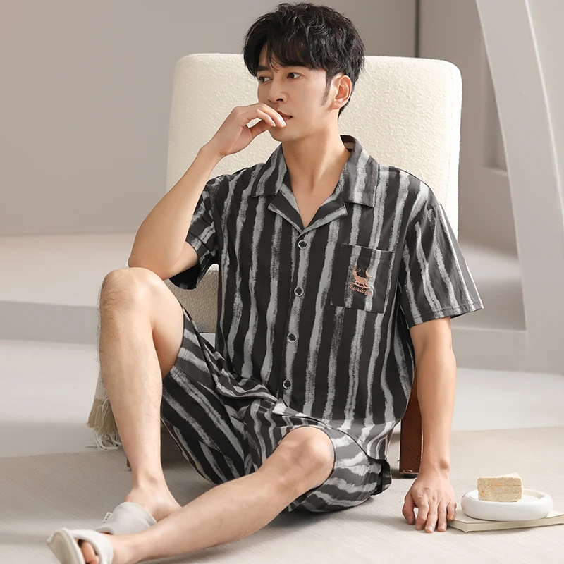 100%纯棉睡衣男款夏季短袖短裤夏款中年男士薄款家居服套装可外穿