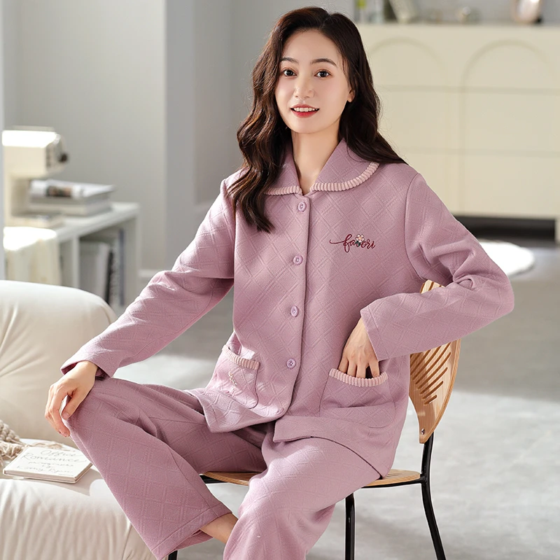 睡衣女春秋款冬季长袖夹层棉加厚保暖针织纯棉中年妈妈家居服套装