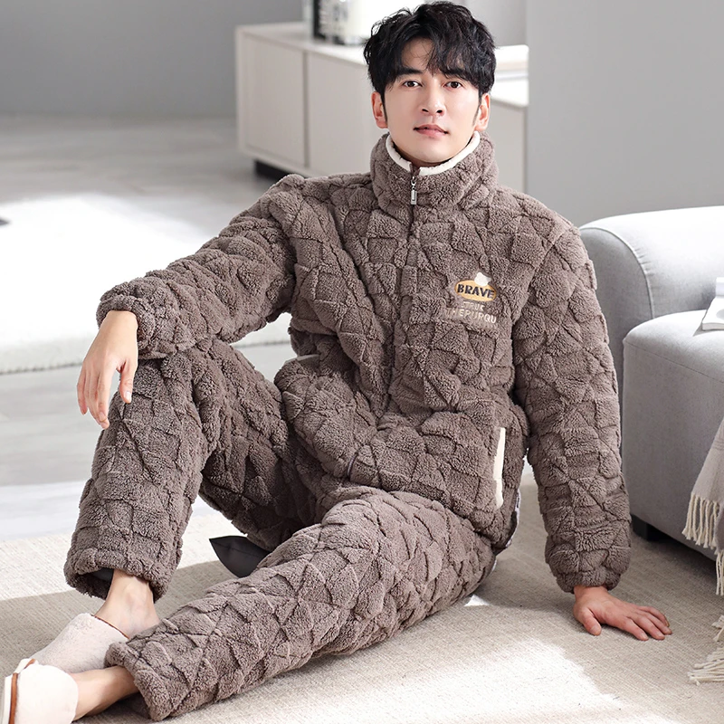 睡衣男冬季加厚加绒三层夹棉保暖珊瑚绒秋冬款男士拉链家居服套装