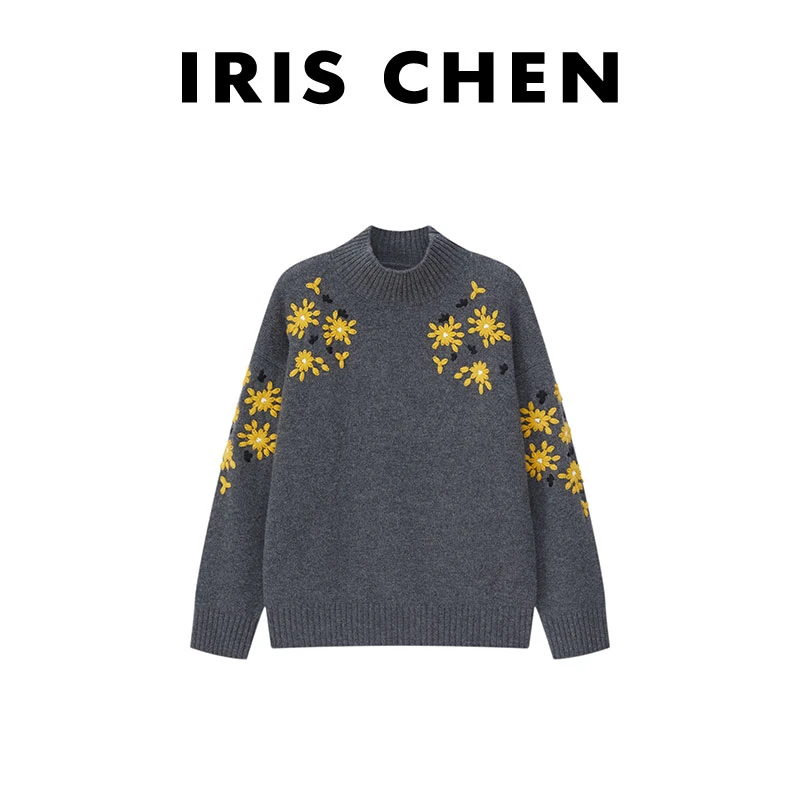 IRIS CHEN 暗香 2024冬款100绵羊毛刺绣花朵软糯毛针织衫24SY632