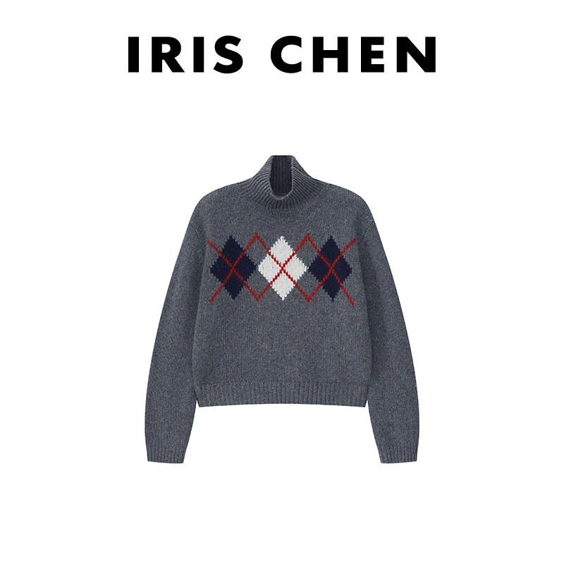 IRIS CHEN 普菱格 2024冬款100绵羊毛400g格子高领打底衫24SY624