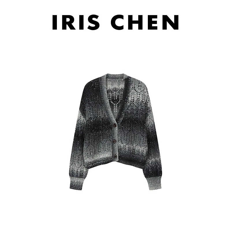 现货IRIS CHEN 卢浮宫 2024秋冬绵羊毛黑灰渐变针织衫女24WT425
