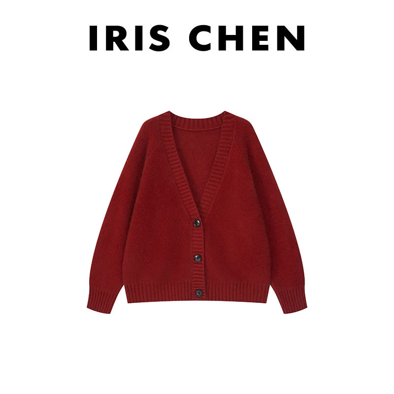 IRIS CHEN 期待 2024冬款700g绵羊毛兔毛百搭深V针织开衫24WT623