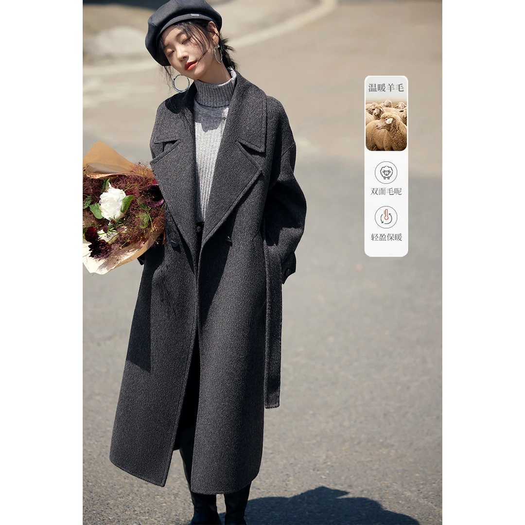 XWI/欣未赫本风通勤双面羊毛大衣2024年秋冬新款简约气质毛呢大衣