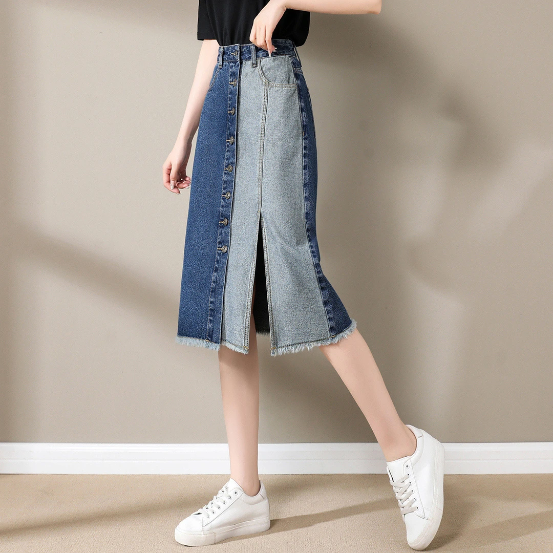 XWI/欣未2025夏季新款高腰拼接撞色A字中长款显高显高牛仔半身裙