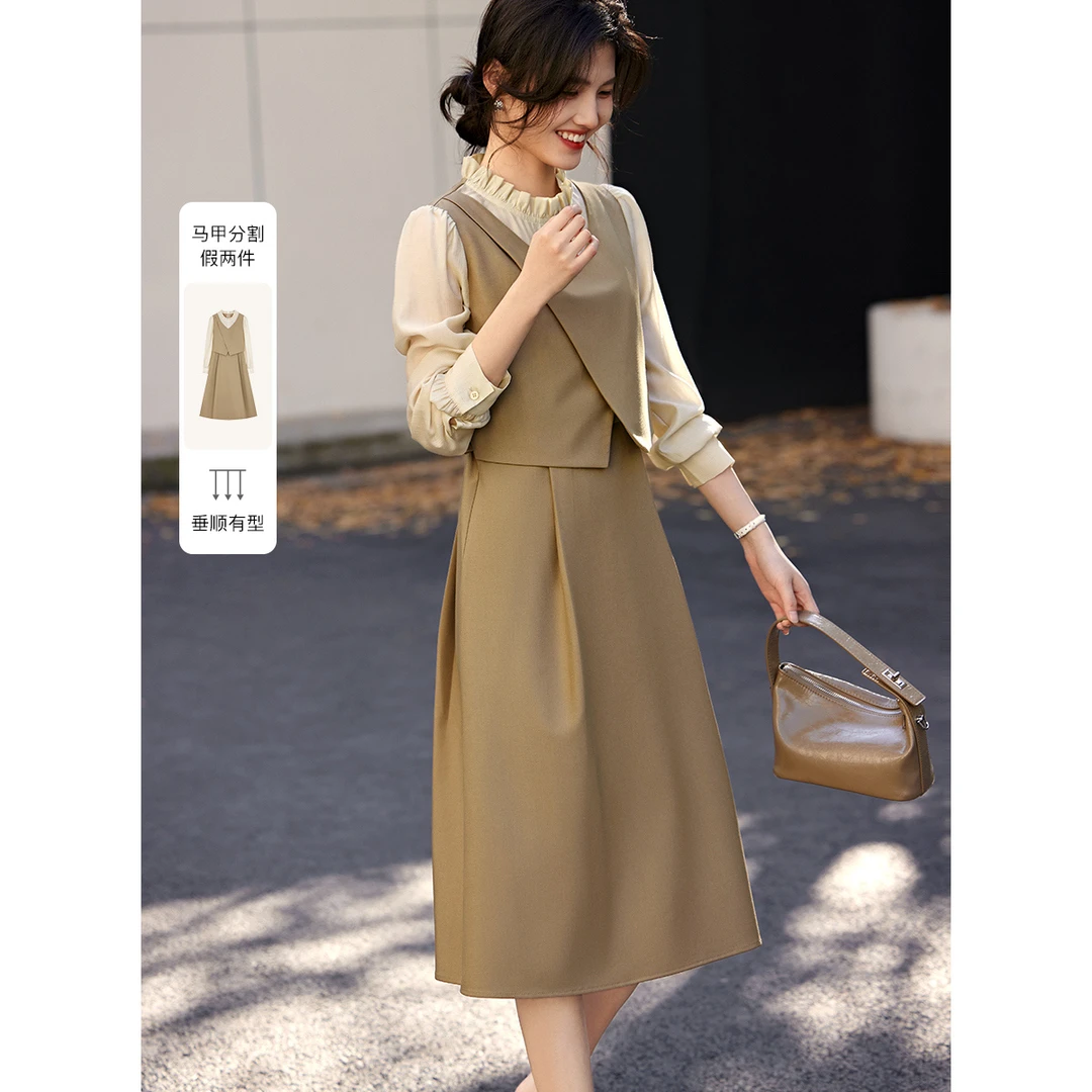 XWI/欣未【直播】25春新雪纺拼接通勤假两件木耳边优雅气质连衣裙女