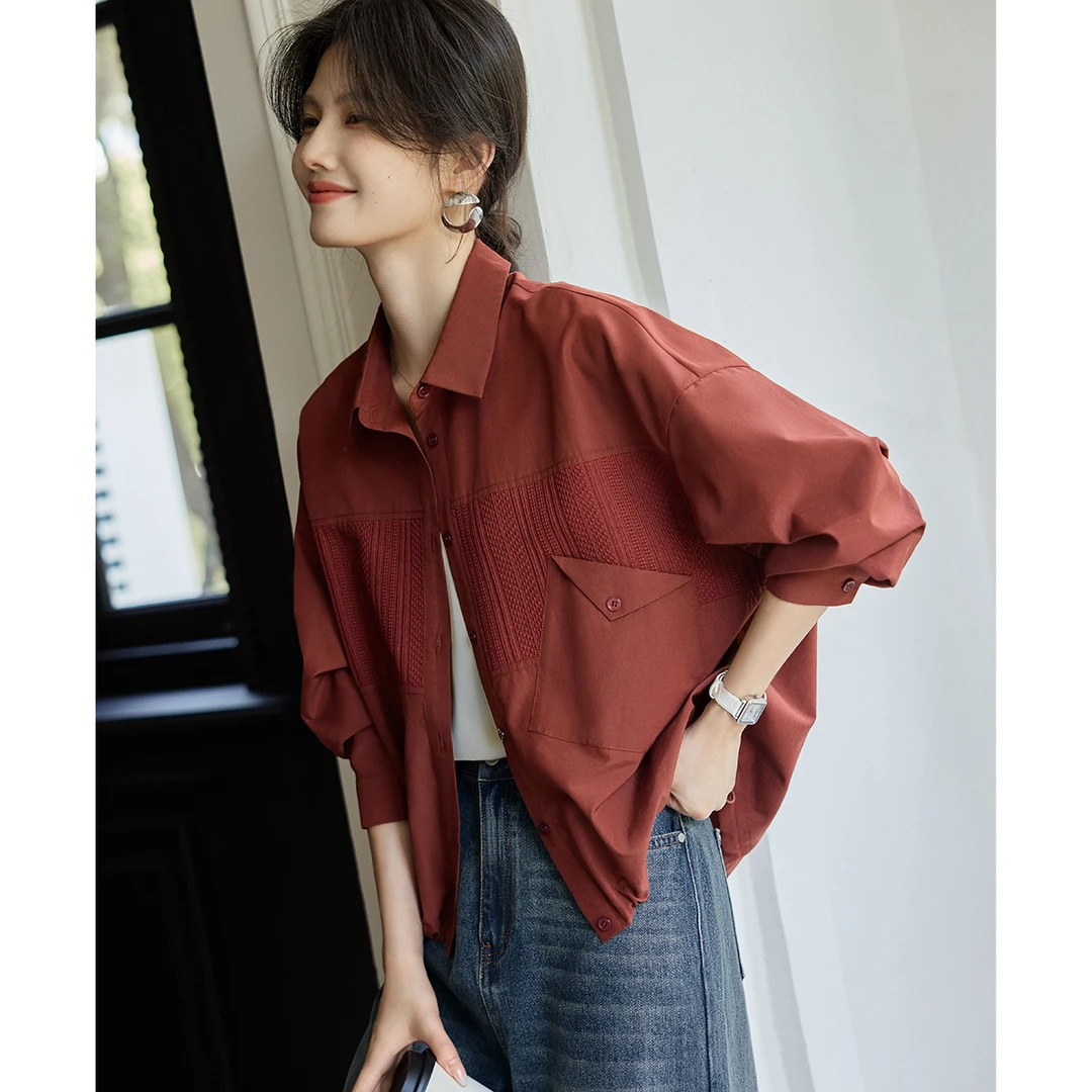 XWI/欣未设计肌理拼接复古抽绳衬衫2025年秋新款气质时尚港味3186